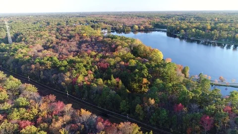 Aerial View Lake and Fall Colors Stock Footage 81579968