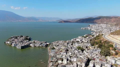 Aerial view of lake bay two area waterfront ancient town mountain river panorama 스톡 동영상 337923528