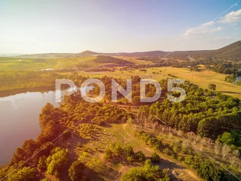 Aerial view of lake Burley Griffin at sunset. Canberra, Australia Stock Photos