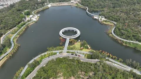 Aerial View of Lake with Circular Ring Viewpoint and Boardwalk, Xiamen China Stock Photos