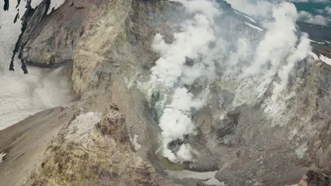 Aerial View on the Lake Inside Mutnovsky Volcano Active Crater (wide), Kamchatka Stock Footage 167113521