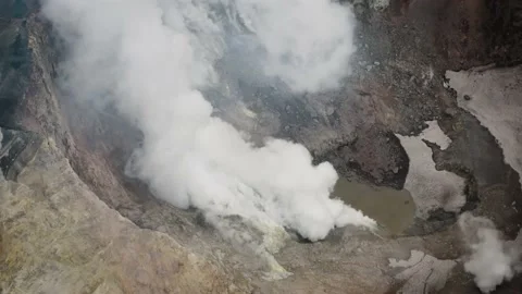 Aerial View on the Lake Inside Mutnovsky Volcano Active Crater, Kamchatka Stock Footage 167113522