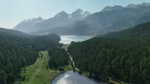 Aerial view of Lake Lej da Staz near St. Moritz, Switzerland Stock Footage 317048784