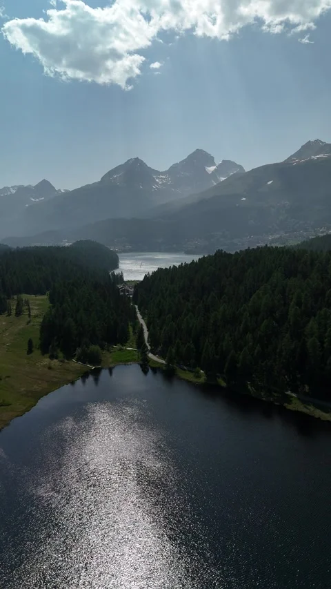 Aerial view of Lake Lej da Staz near St. Moritz, Switzerland Stockbeeldmateriaal 317048941