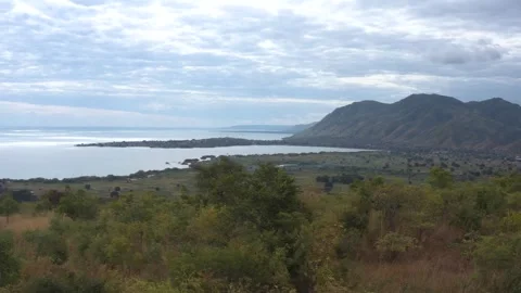 Aerial view of Lake Niassa shore and mountains, Mozambique. Stock Footage 324726853