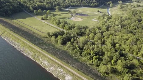 Aerial view of lake side baseball field Stock Footage 108351238