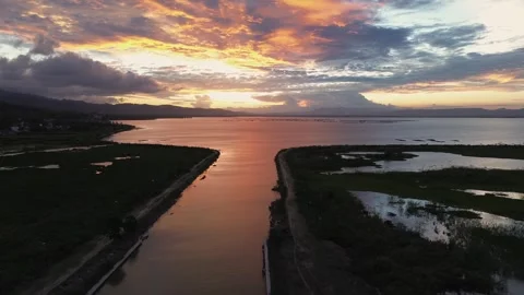Aerial View of Lake with sunset background Stock Footage 290286981
