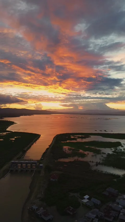 Aerial View of Lake with sunset background Video stock 297837646