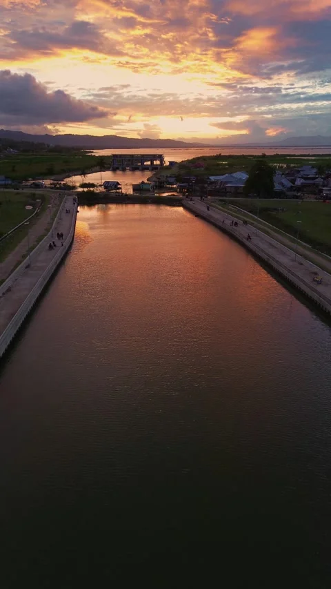 Aerial View of Lake with sunset background Stock Footage 297840249