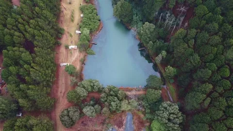 Aerial view of a lake surrounded by dense green trees and a row of campers along Stock Footage 308979262