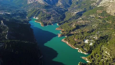 Aerial View  of the lake surrounded by forest Stock Footage 239558522