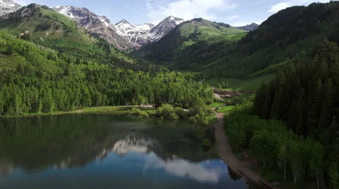 Aerial View of Lake Surrounded by Green Forest and Mountains Stock Footage 64512042