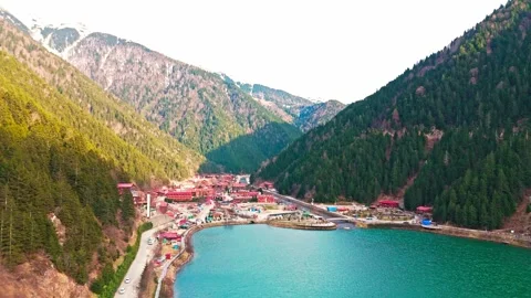 Aerial view of a lake surrounded by mountains and a forest Stock Footage 267635339