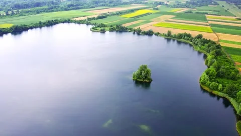 Aerial view of a lake surrounded with trees and colorful fields in countryside Stock Footage 269165029