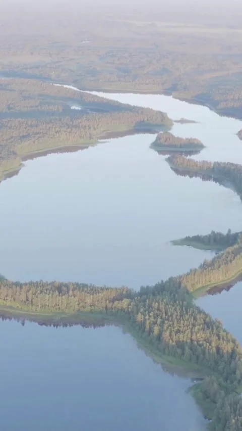 Aerial view of lake system with many green islands Video stock 334169576