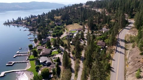 Aerial View of Lakeside Community with Docks and Boats Stock Footage 258166993