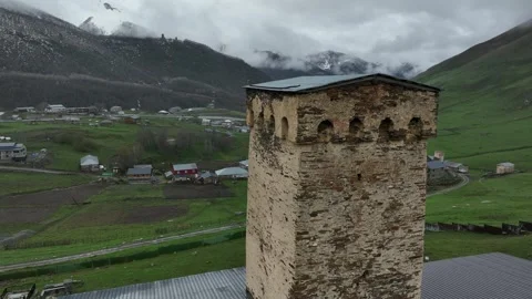 Aerial view of Lamaria church complex with traditional Svan tower 스톡 동영상 336060244