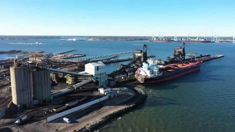 Aerial View of Lamberts Point Coal Terminal on the Elizabeth River Norfolk Stock Footage 329654327