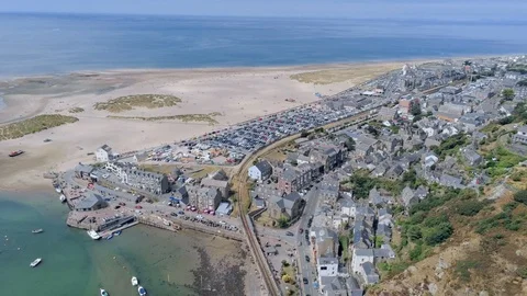 Aerial view, landing down move. Drone panorama over sea, harbor, beach and ol 스톡 동영상 94258684