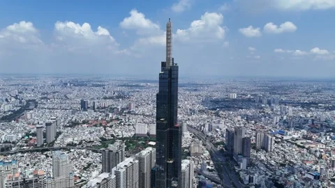 Aerial view of Landmark 81 skyscraper peak near Saigon river, Ho Chi Minh. Stock Footage 344714981