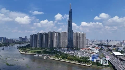 Aerial view of Landmark 81 skyscraper on Saigon river bank, Ho Chi Minh city. Stock Footage 344715000