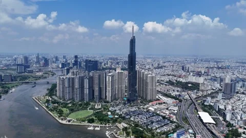 Aerial view of Landmark 81 skyscraper on Saigon river bank, Ho Chi Minh. Stock Footage 344715081