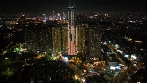 Aerial View Landmark 81 Skyscraper Tilt Up Night Ho Chi Minh City Traffic Stockbeeldmateriaal 345053381