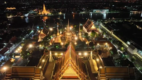 Aerial view landmark architecture of Wat Pho in Bangkok city Stock Footage 247436712