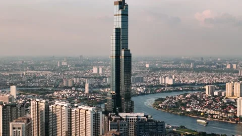 Aerial view of landmark skyscraper in ho chi minh city skyline with the sai.. Video stock 335013884