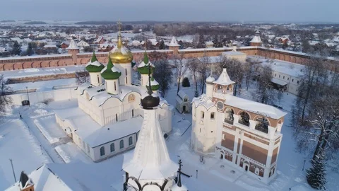 Aerial view of the landmarks of the Euthymius monastery in Suzdal Russia Stock Footage 101092746
