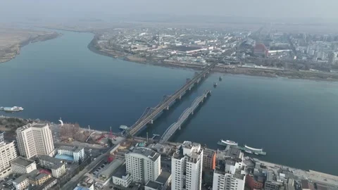 Aerial view of landscape of amnok river in Dandong city China Stock-Footage 266969424