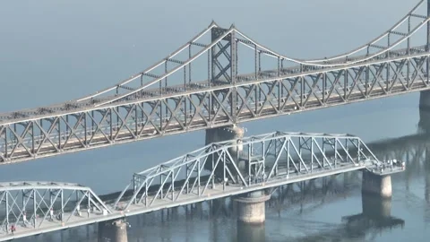 Aerial view of landscape of amrok river in Dandong city China Stock Footage 266968967