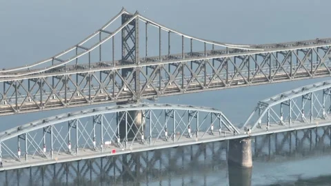 Aerial view of landscape of amrok river in Dandong city China Stock Footage 266969017