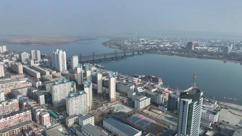 Aerial view of landscape of amrok river in Dandong city China Stock Footage 266969094