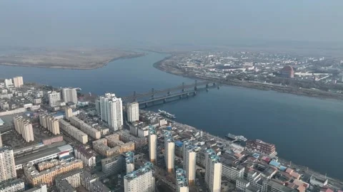 Aerial view of landscape of amrok river in Dandong city China Stock-Footage 266969411