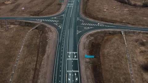 Aerial View of a Landscape Empty Highway Crossroad on quarantine during an Stock Footage 136057498