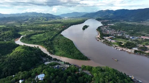 Aerial view of landscape of golden triangle region between Thailand and Burma Stockbeeldmateriaal 266420032