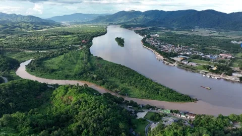 Aerial view of landscape of golden triangle region between Thailand and Burma Stock-Footage 266420117