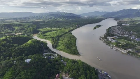 Aerial view of landscape of golden triangle region between Thailand and Burma Video stock 266420260