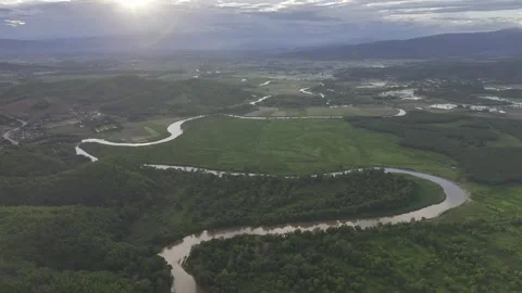 Aerial view of landscape of Golden triangle region between Burma and Laos Stock Footage 266422972