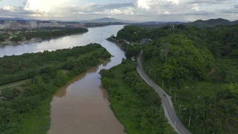 Aerial view of landscape of Golden triangle region between Burma and Laos Video stock 266423231