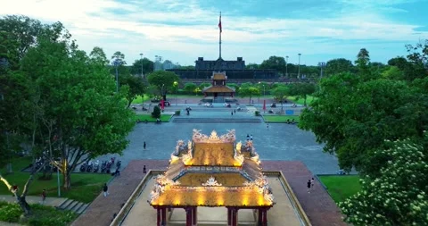 Aerial view of Landscape in the imperial Forbidden Citadel in Hue city, Vietnam Stock Footage 342394904