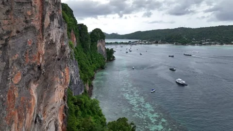 Aerial view of landscape of Koh Phi Phi Don island's seashore Thailand Stock Footage 266667953