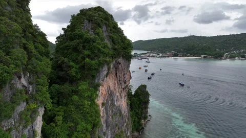 Aerial view of landscape of Koh Phi Phi Don island's seashore Thailand Stock Footage 266668192