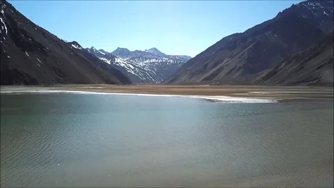 Aerial view of Landscape of mountain snow and lagoon in Santiago, Chile Stock Footage 80423947