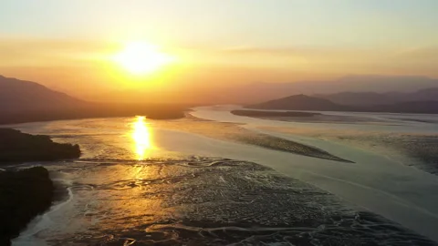 Aerial view of landscape view of low tide seashore in morning Stock Footage 146622193