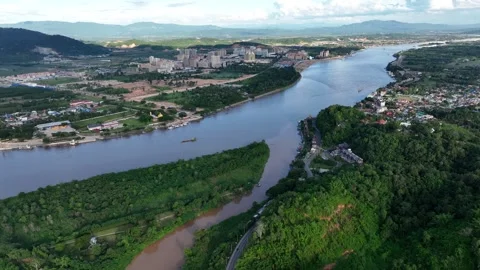 Aerial view of landscape of white temple in Chiang Rai Thailand Stock Footage 266420134