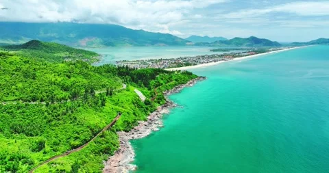 Aerial view of Lang Co bay and beach Stock Footage 342391392
