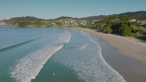 Aerial view of Langs beach, New Zealand Stock Footage 190623613