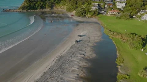 Aerial view of Langs beach, New Zealand Stock Footage 190624307